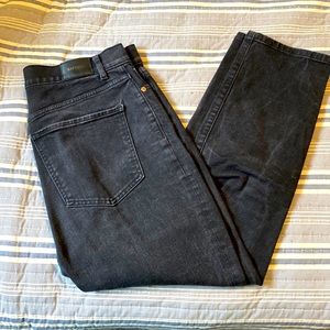 Super high rise, distressed black express jeans